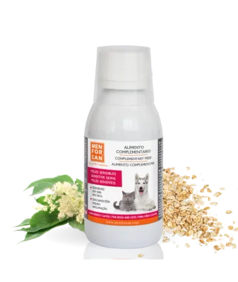 MENFORSAN Alimento líquido complementario para perros y gatos con piel sensible - Ingredientes naturales para animales con piel atópica, enrojecimiento o exceso de grasa en la piel. (Rosado) 120 ml.