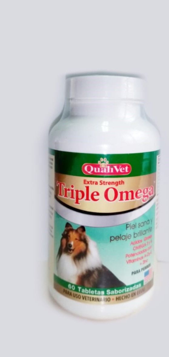QualiVet Extra Strength Triple Omega – Piel sana y pelaje brillante – Para perros – Frasco con 60 tabletas saborizadas.