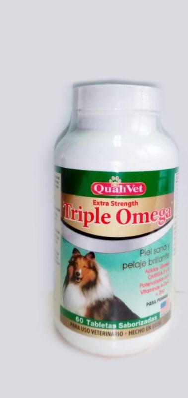 QualiVet Extra Strength Triple Omega – Piel sana y pelaje brillante – Para perros – Frasco con 60 tabletas saborizadas.