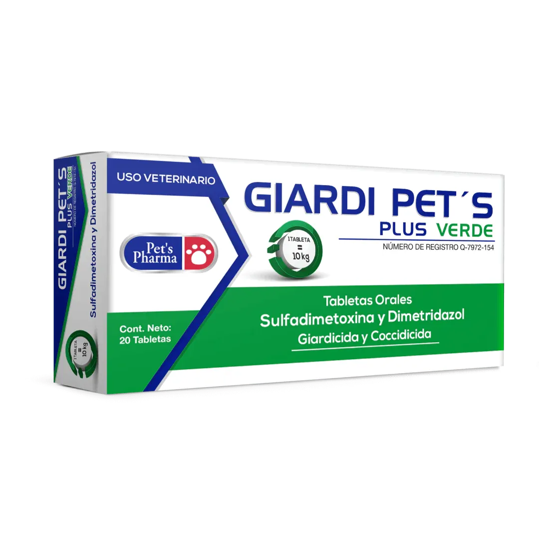 Giardi Pet's Plus Verde – 1 Tableta Oral Sulfadimetoxina y Dimetridazol. Giardicida y Coccidicida para perros con cuadros entéricos diarreicos o parasitarios – 10kg c/u