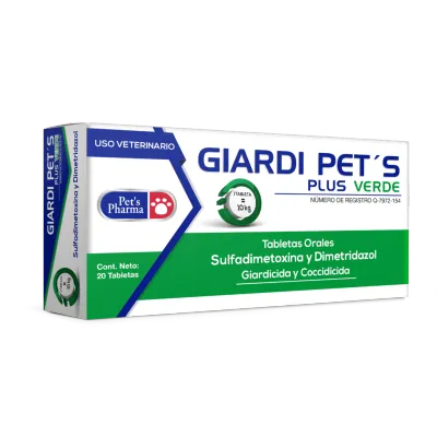 Giardi Pet's Plus Verde – 1 Tableta Oral Sulfadimetoxina y Dimetridazol. Giardicida y Coccidicida para perros con cuadros entéricos diarreicos o parasitarios – 10kg c/u