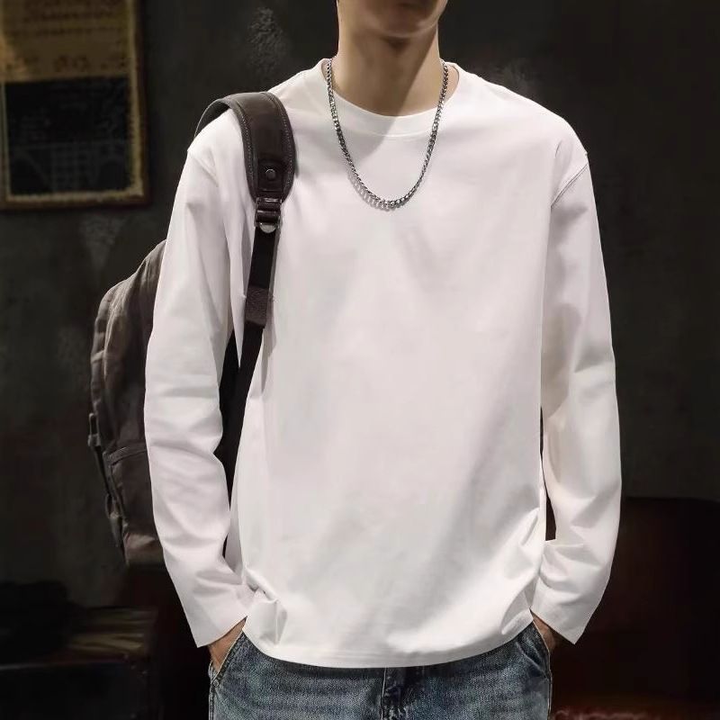 Tricou cu mâneci lungi alb-negru din bumbac greu Cămașă de bază pentru bărbați Primăvară și toamnă Top interior Gât rotund Tricou lejer