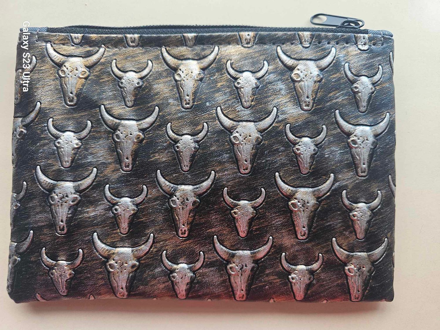 Vintage Cow Head Travel Pouch RFID - Tan/Silver/Black