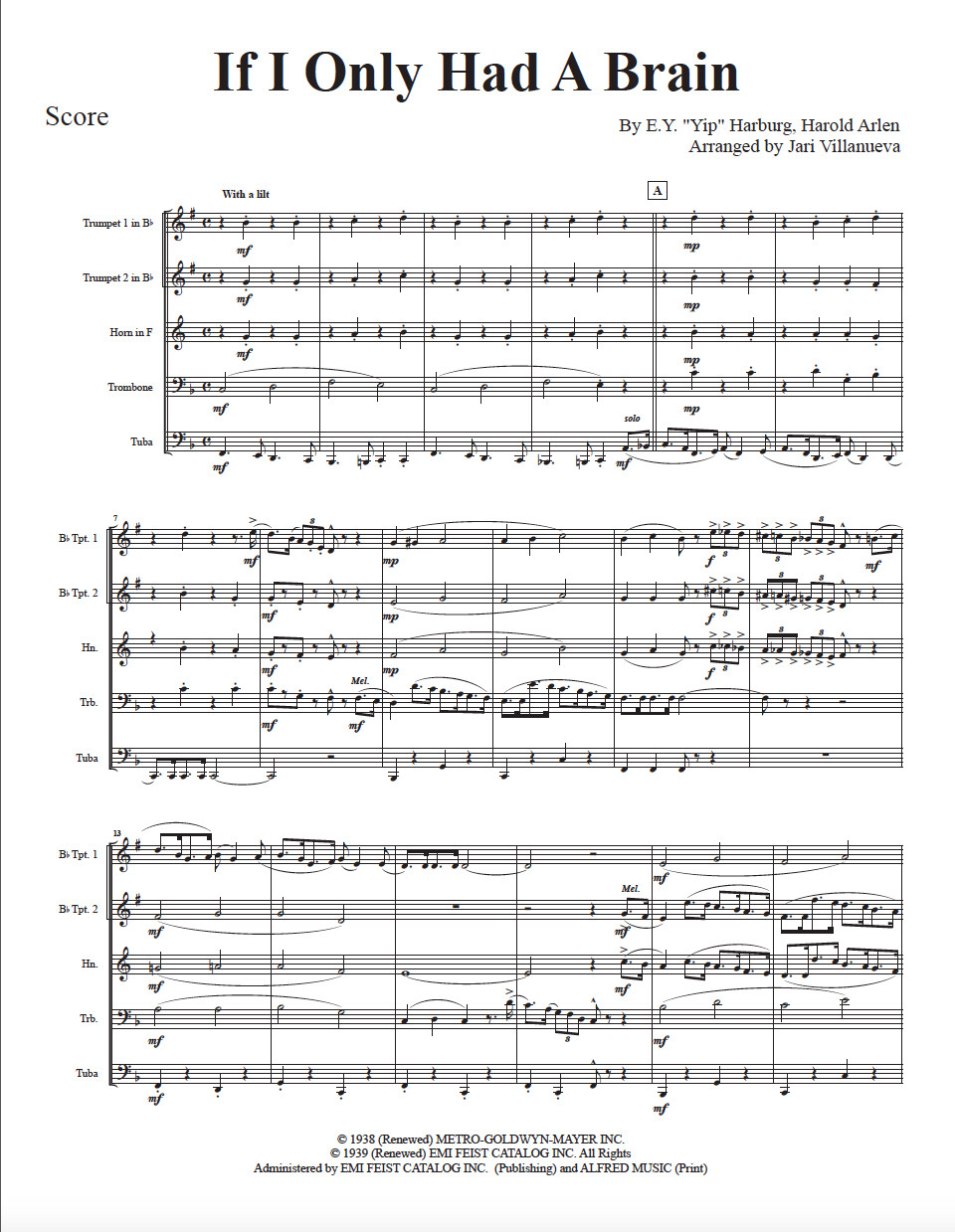 If I Only Had  A Brain For Brass Quintet