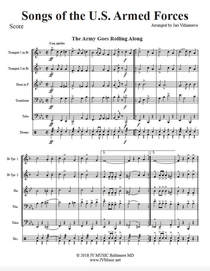 Songs of the US Armed Forces for Brass Quintet and Opt Drums
