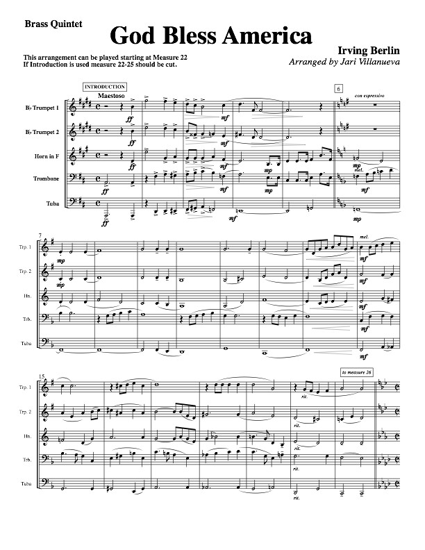 God Bless America for Brass Quintet