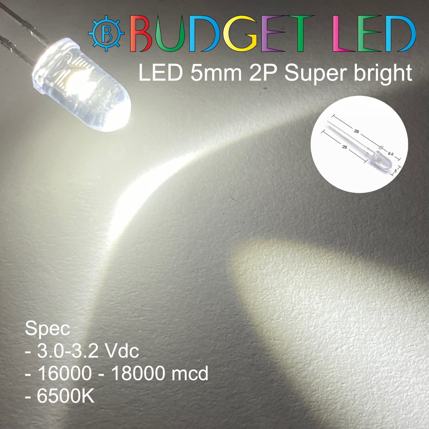 LED 5mm 2P S/P White 6500K Color (B)