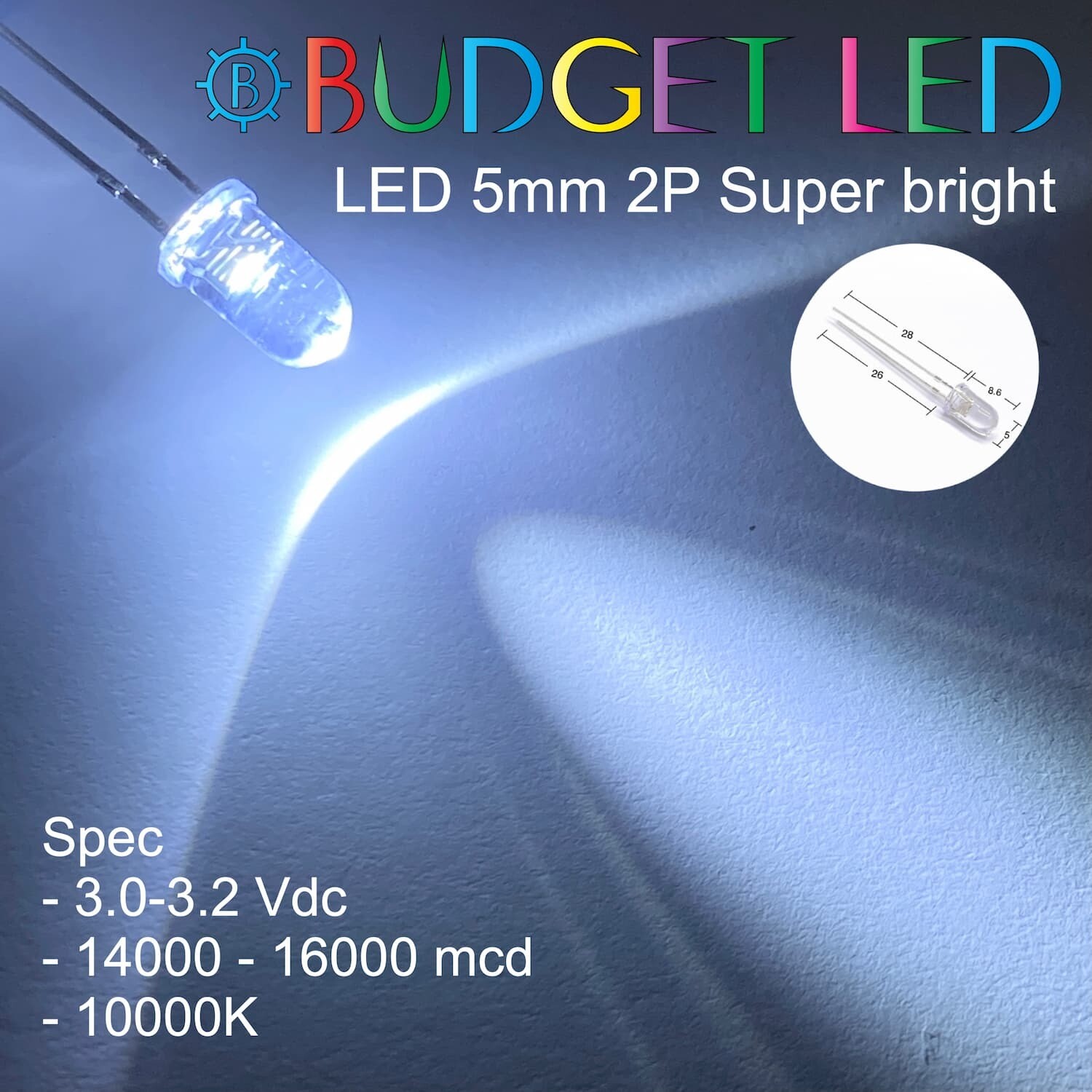 LED 5mm 2P S/P White 10000K Color (B)