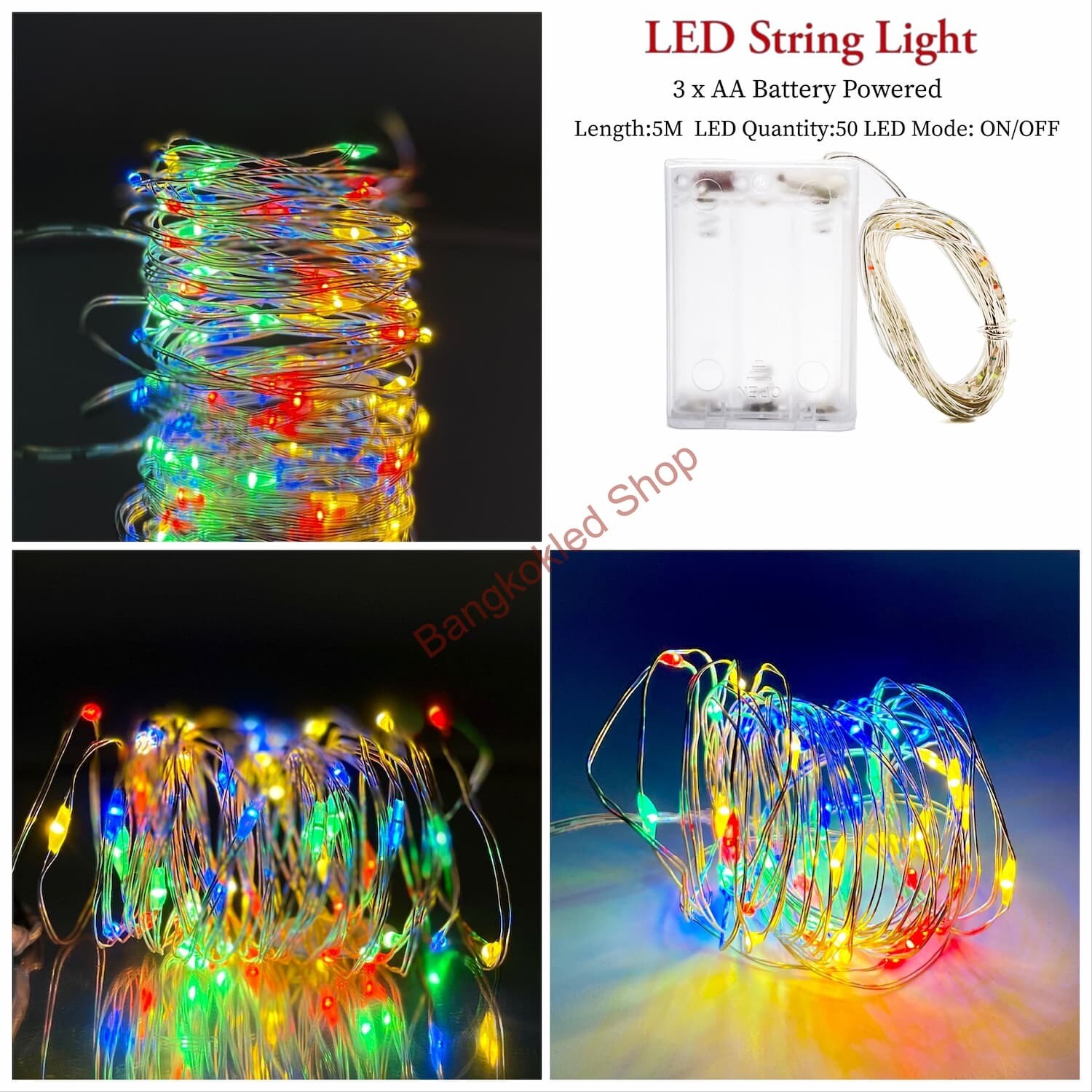 LED rice grain light, steady 5M/50LED, use 3 AA batteries 4.5V   RGB