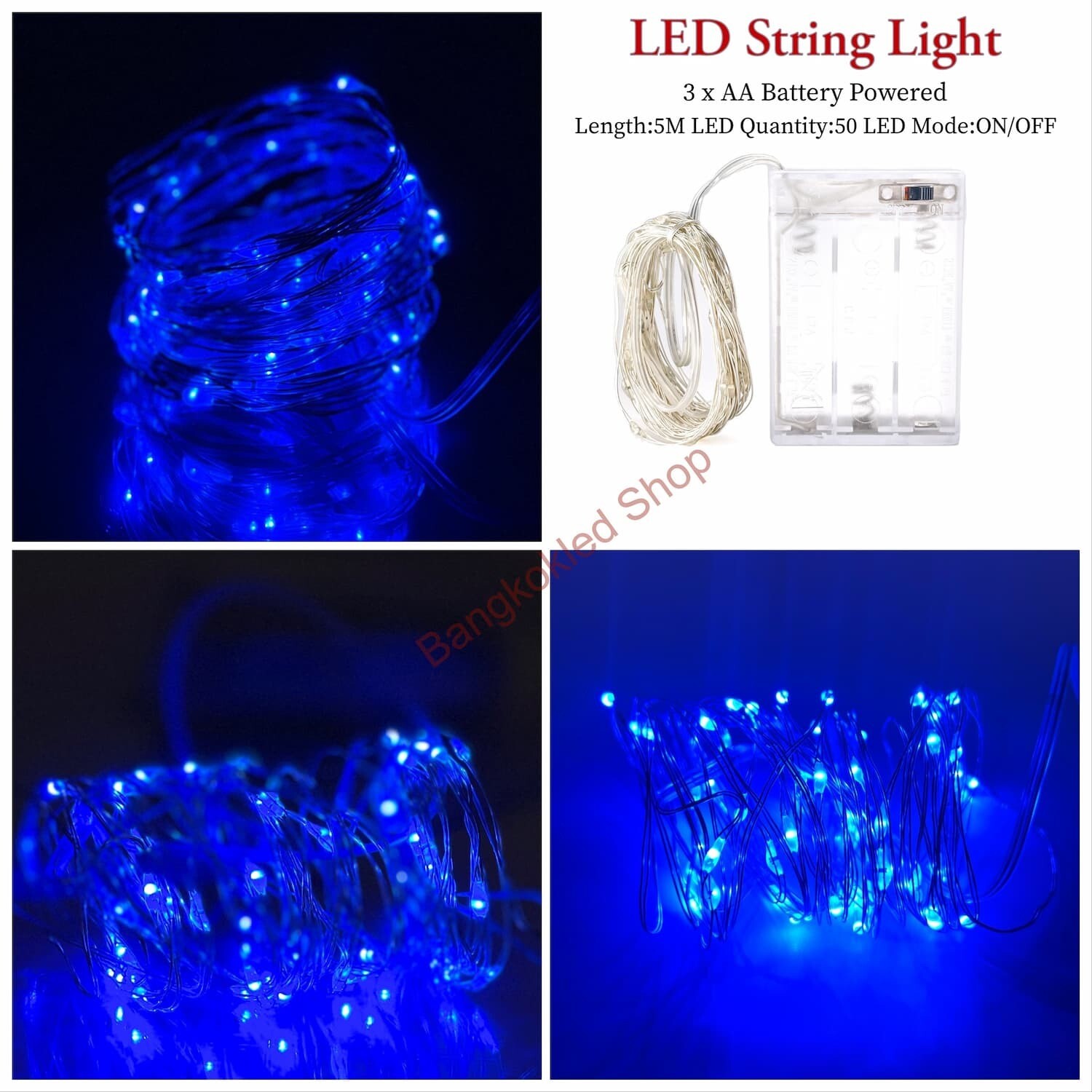 LED rice grain light, steady 5M/50LED, use 3 AA batteries 4.5V    Blue