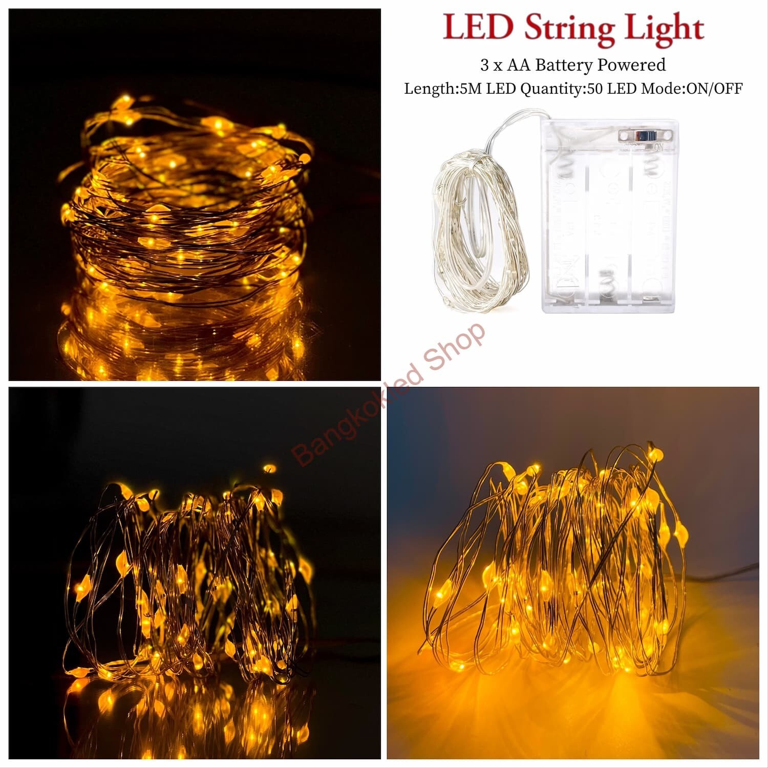 LED rice grain light, steady 5M/50LED, use 3 AA batteries 4.5V    Yellow