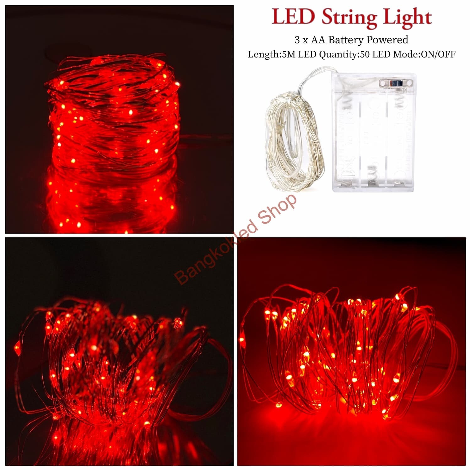LED rice grain light, steady 5M/50LED, use 3 AA batteries 4.5V     Red