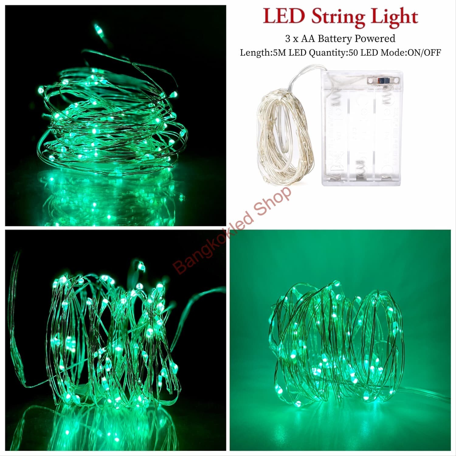 LED rice grain light, steady 5M/50LED, use 3 AA batteries 4.5V    Green