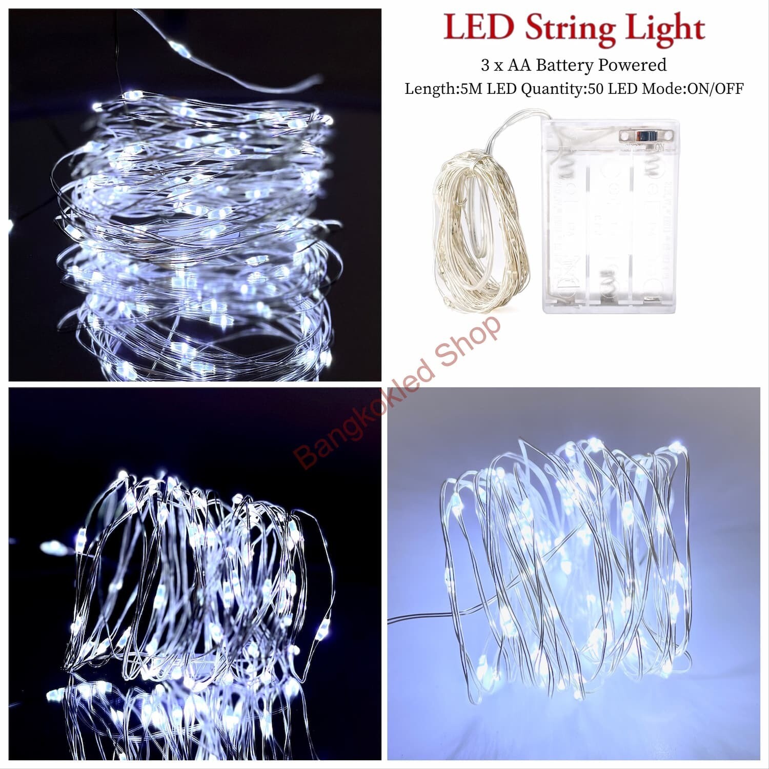 LED rice grain light, steady 5M/50LED, use 3 AA batteries 4.5V    White