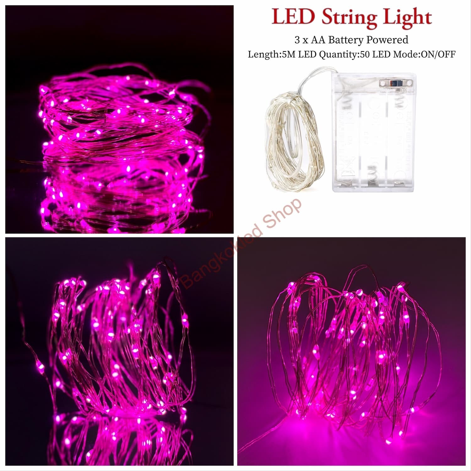LED rice grain light, steady 5M/50LED, use 3 AA batteries 4.5V    Pink