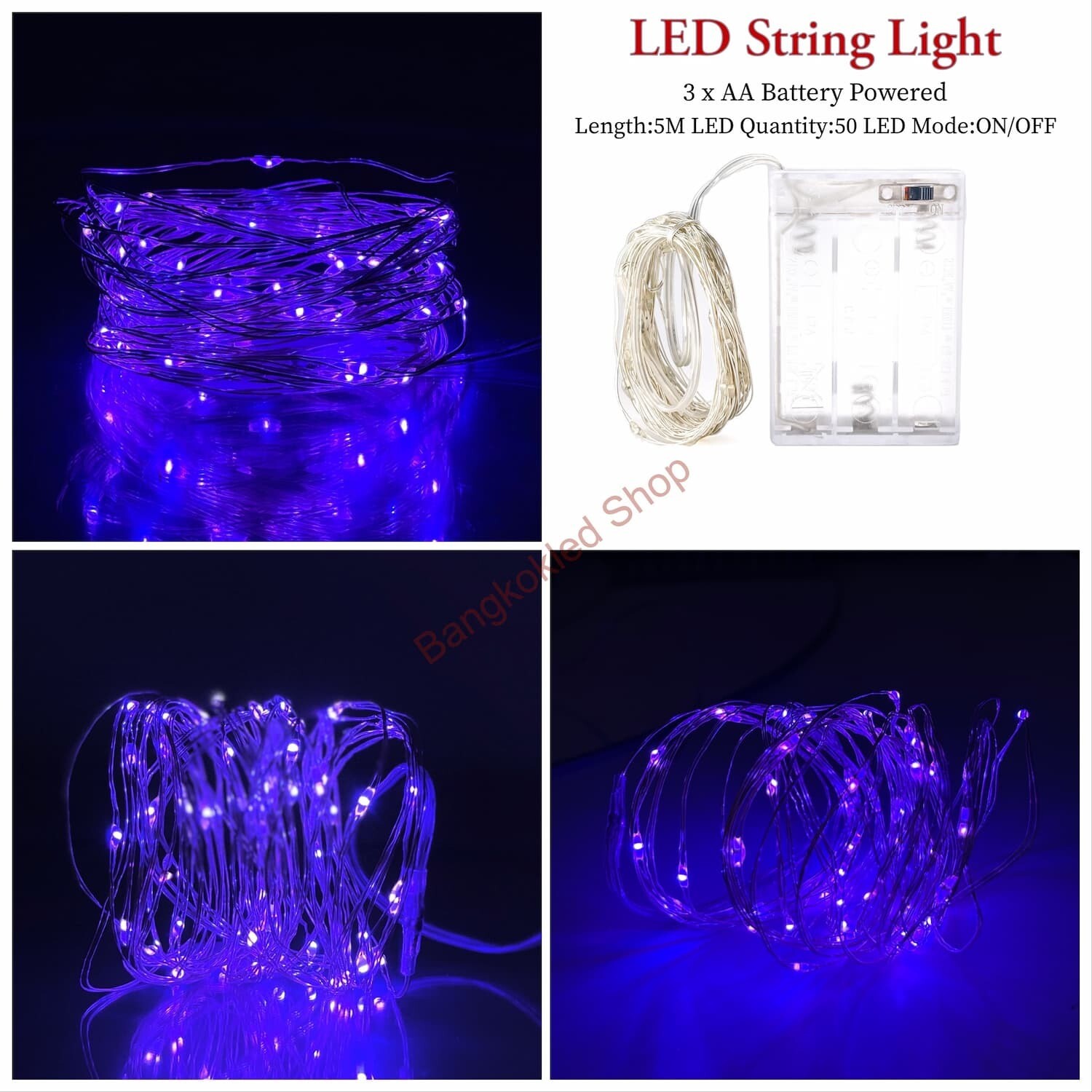 LED rice grain light, steady 5M/50LED, use 3 AA batteries 4.5V    Purple