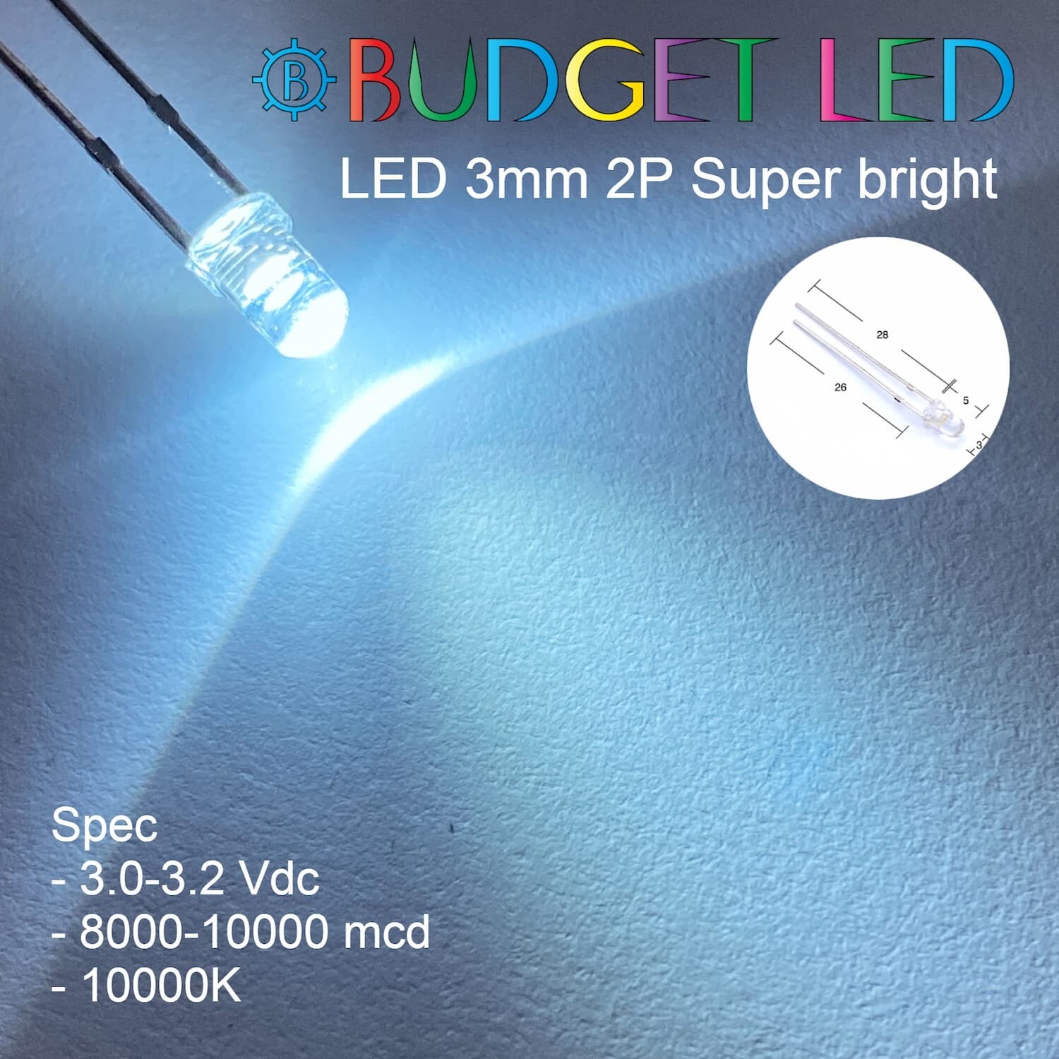 LED 3mm 2P S/P White 10000K (B)
