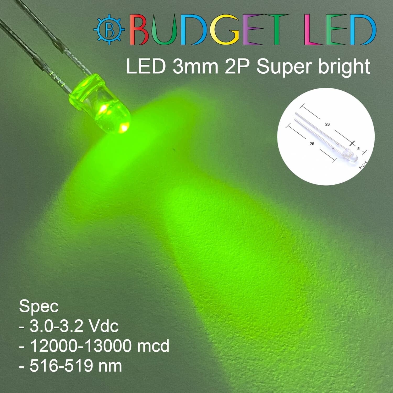 LED 3mm 2P S/P Green (B)