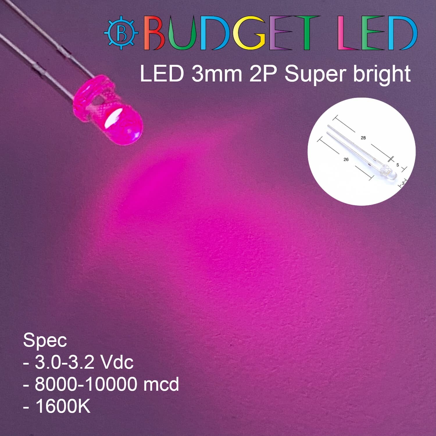 LED 3mm 2P S/P Pink (B)