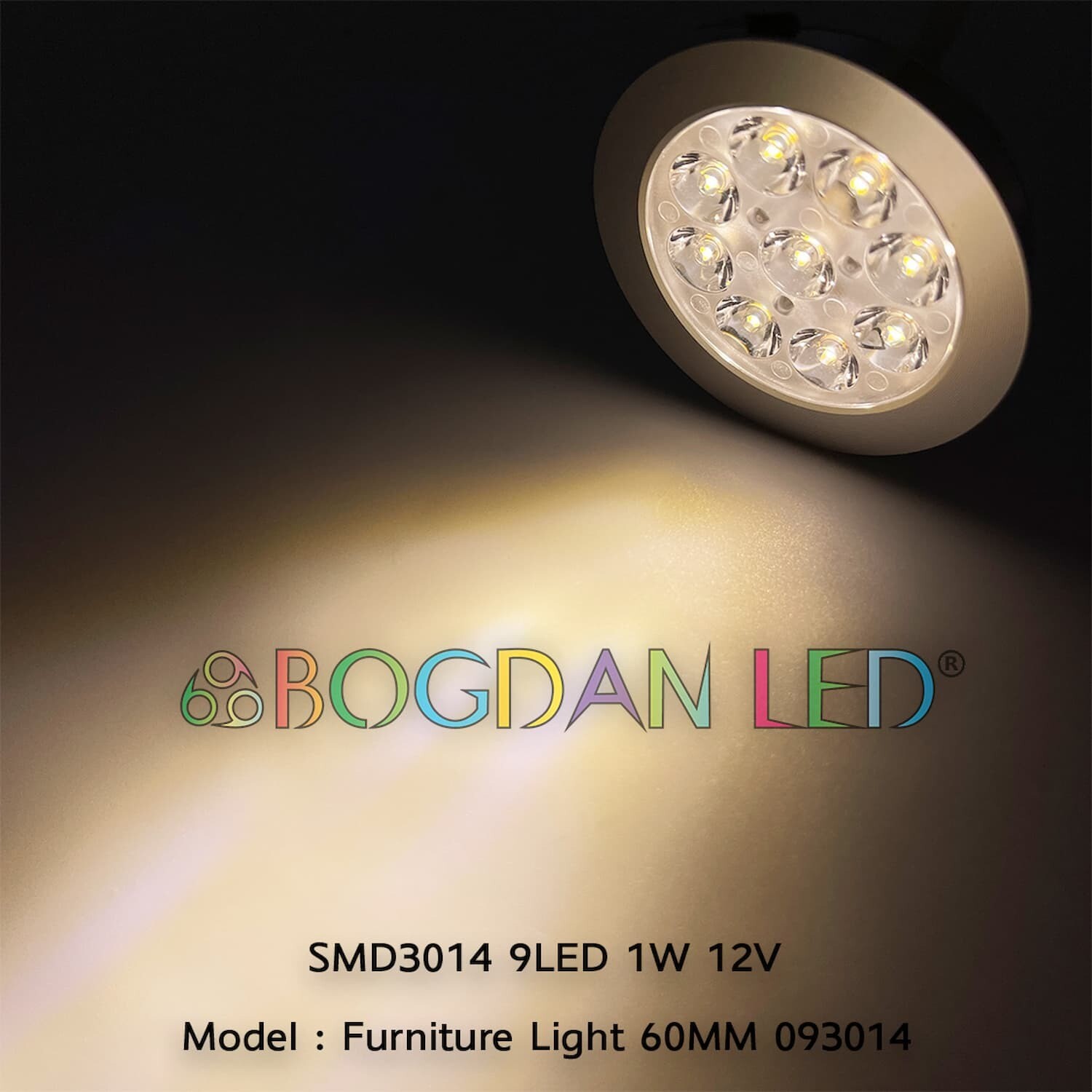 LED Furniture Light 9 LED 3014SMD 1W 60MM 12V Warm White Clear face