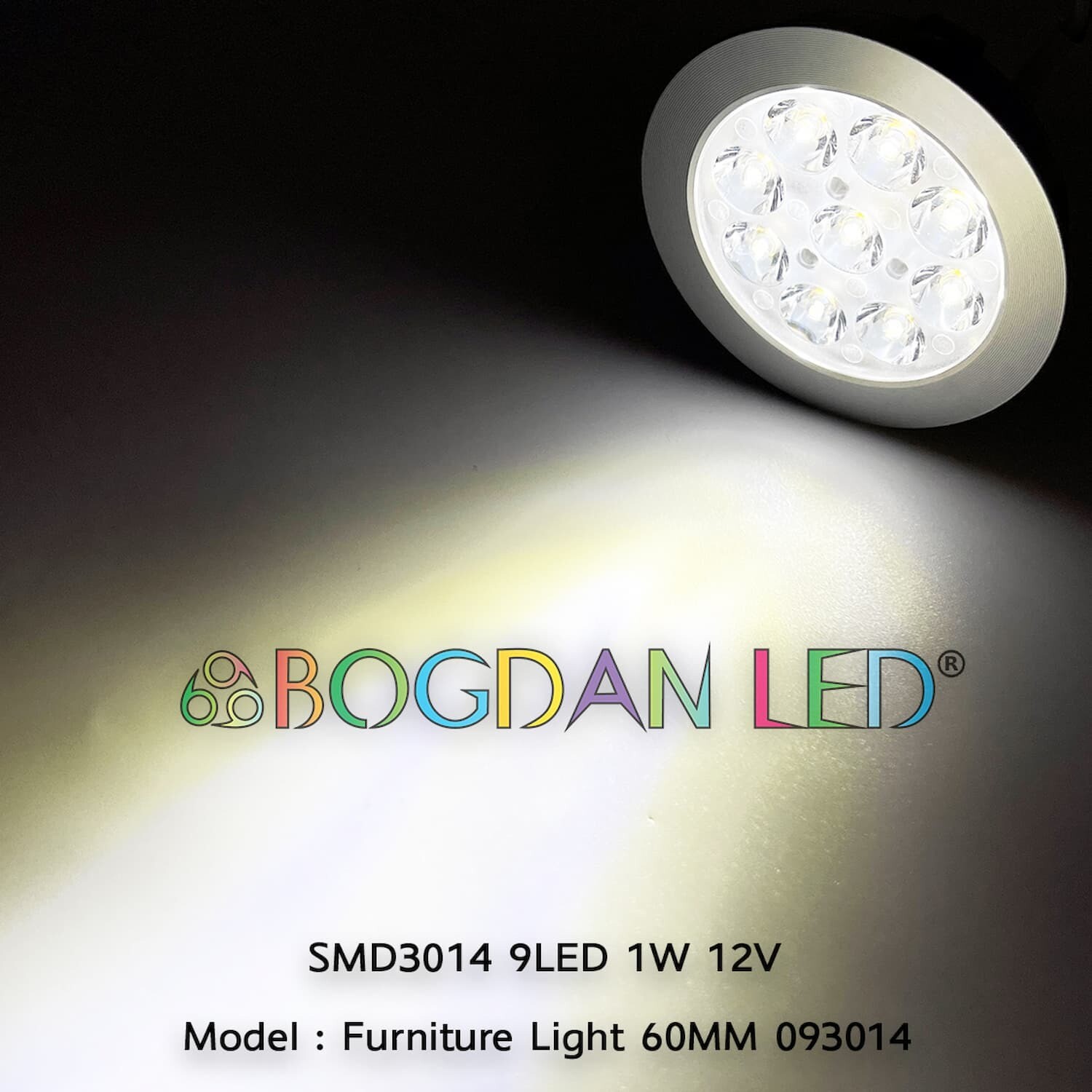 LED Furniture Light 9 LED 3014SMD 1W 60MM 12V White Clear face