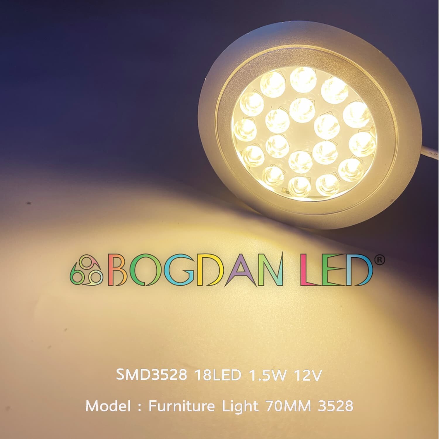 LED Furniture Light 18LED 3528SMD 1.5W 70MM 12V Warn White Clear face