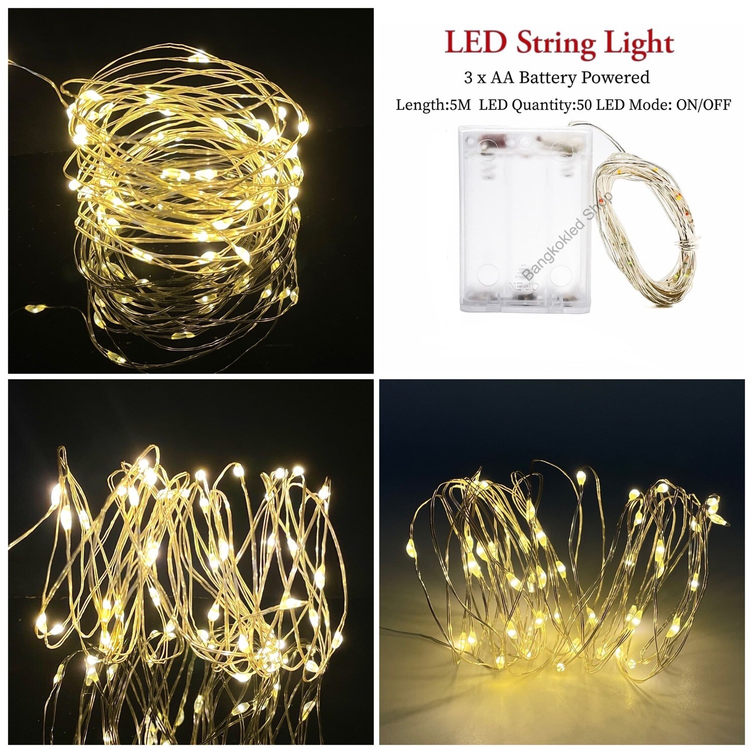 LED rice grain light, steady 5M/50LED, use 3 AA batteries 4.5V Warm White