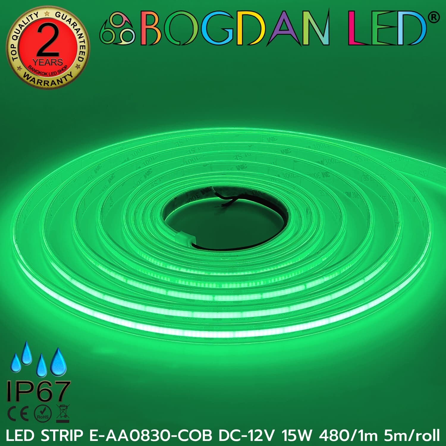 LED STRIP E-AA0830-COB-GREEN DC12V IP67 BOGDAN LED