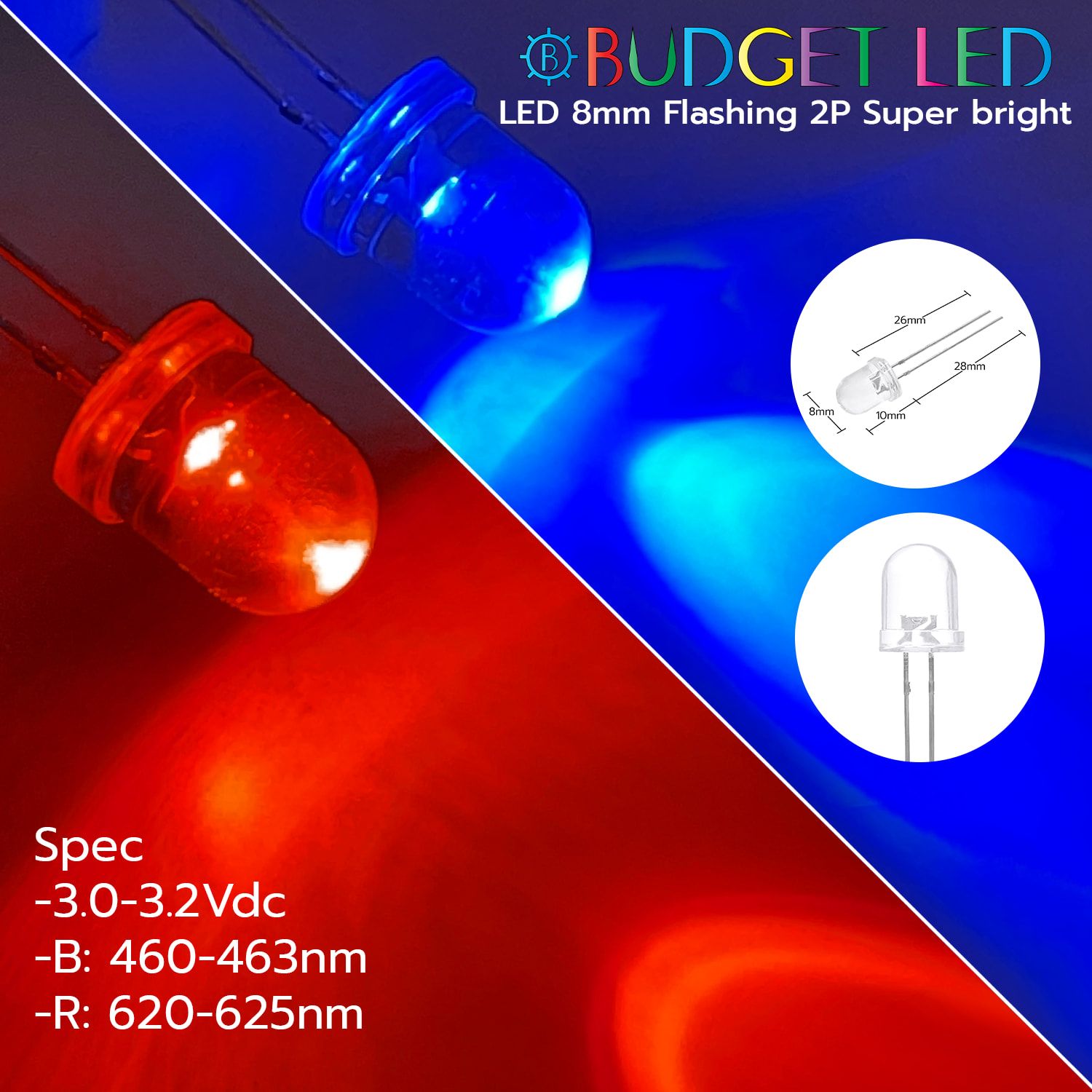 LED 8mm Flashing 2P S/P Red/Blue Color