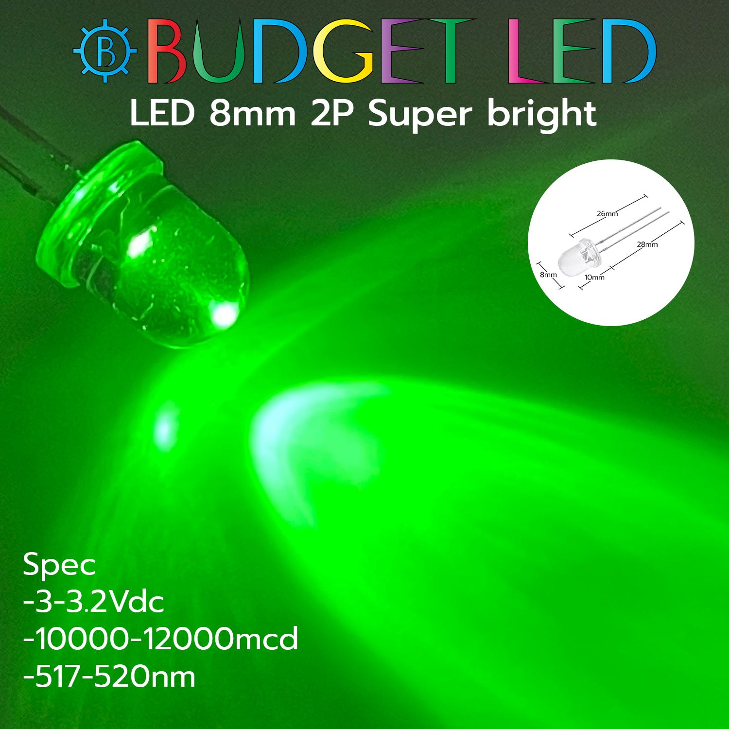 LED 8mm 2P S/P Green Color