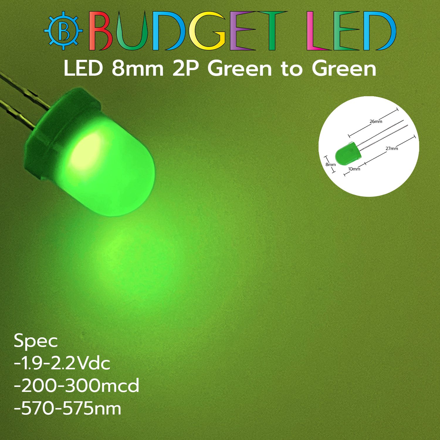 LED 8mm 2P Green to Green Color