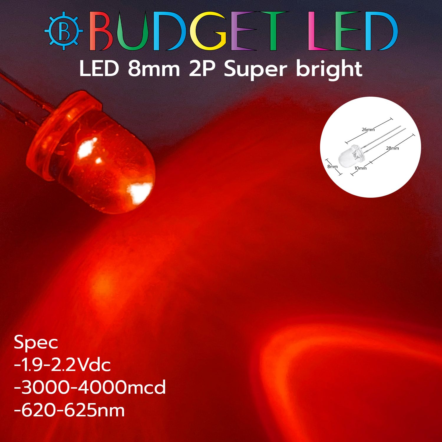 LED 8mm 2P S/P Red Color
