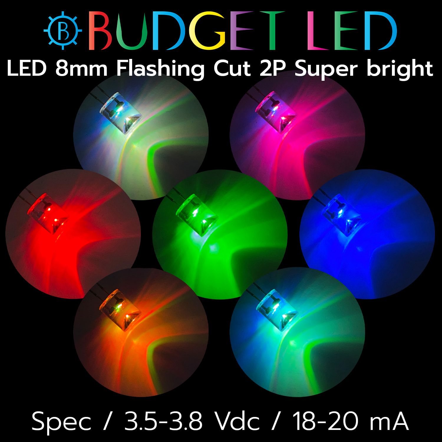 LED 8mm Flashing Cut 2P S/P 7 Color