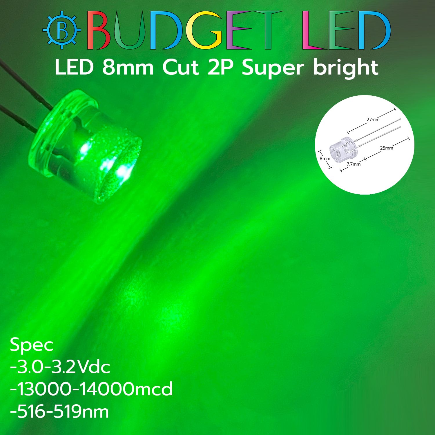 LED 8mm Cut 2P S/P Green Color