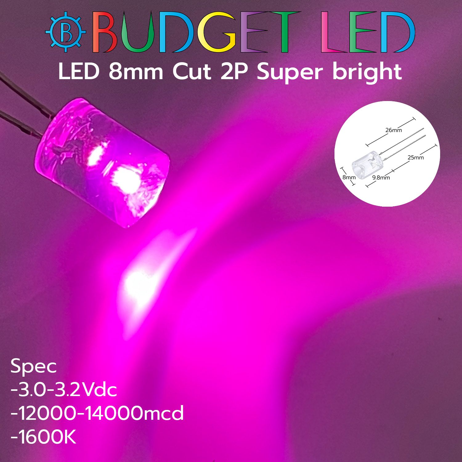 LED 8mm Cut 2P S/P Pink Color