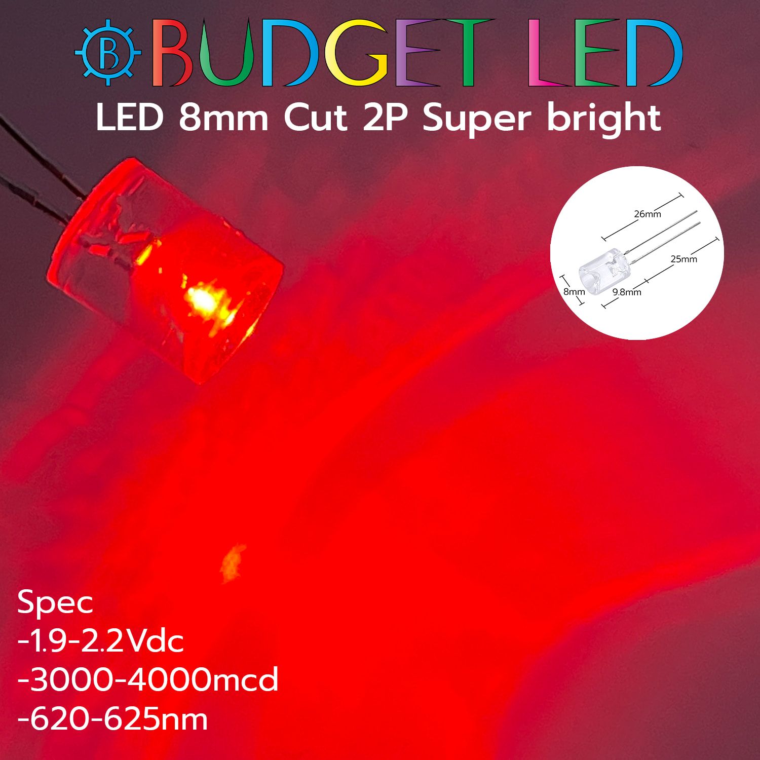 LED 8mm Cut 2P S/P Red Color