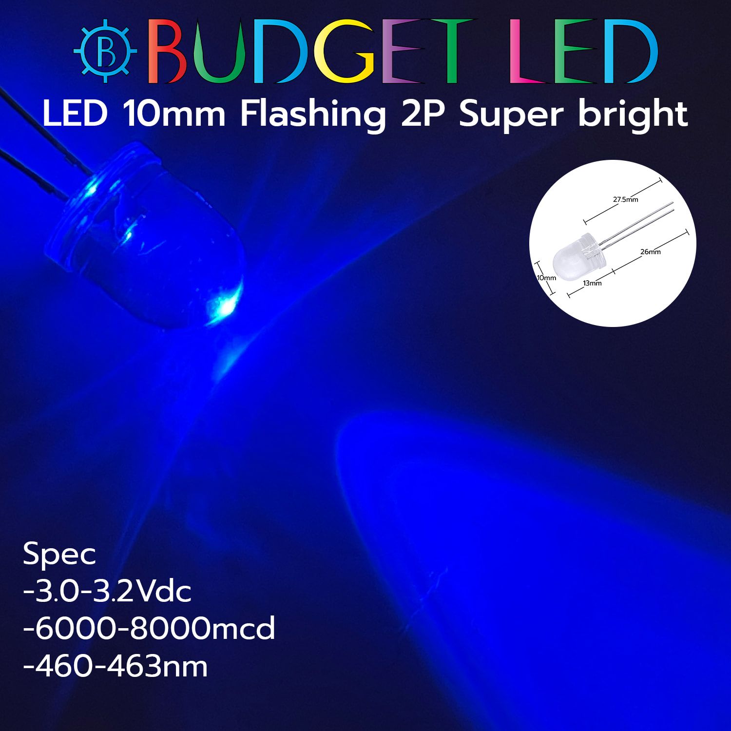 LED 10mm Flashing 2P S/P Blue Color