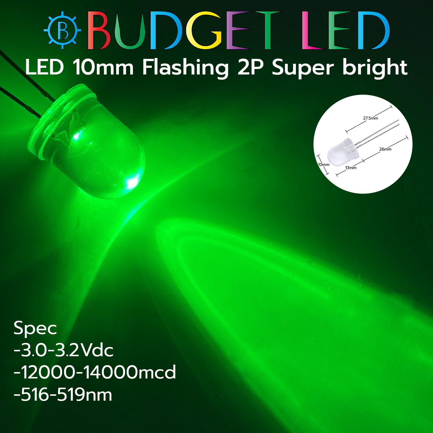 LED 10mm Flashing 2P S/P Green Color