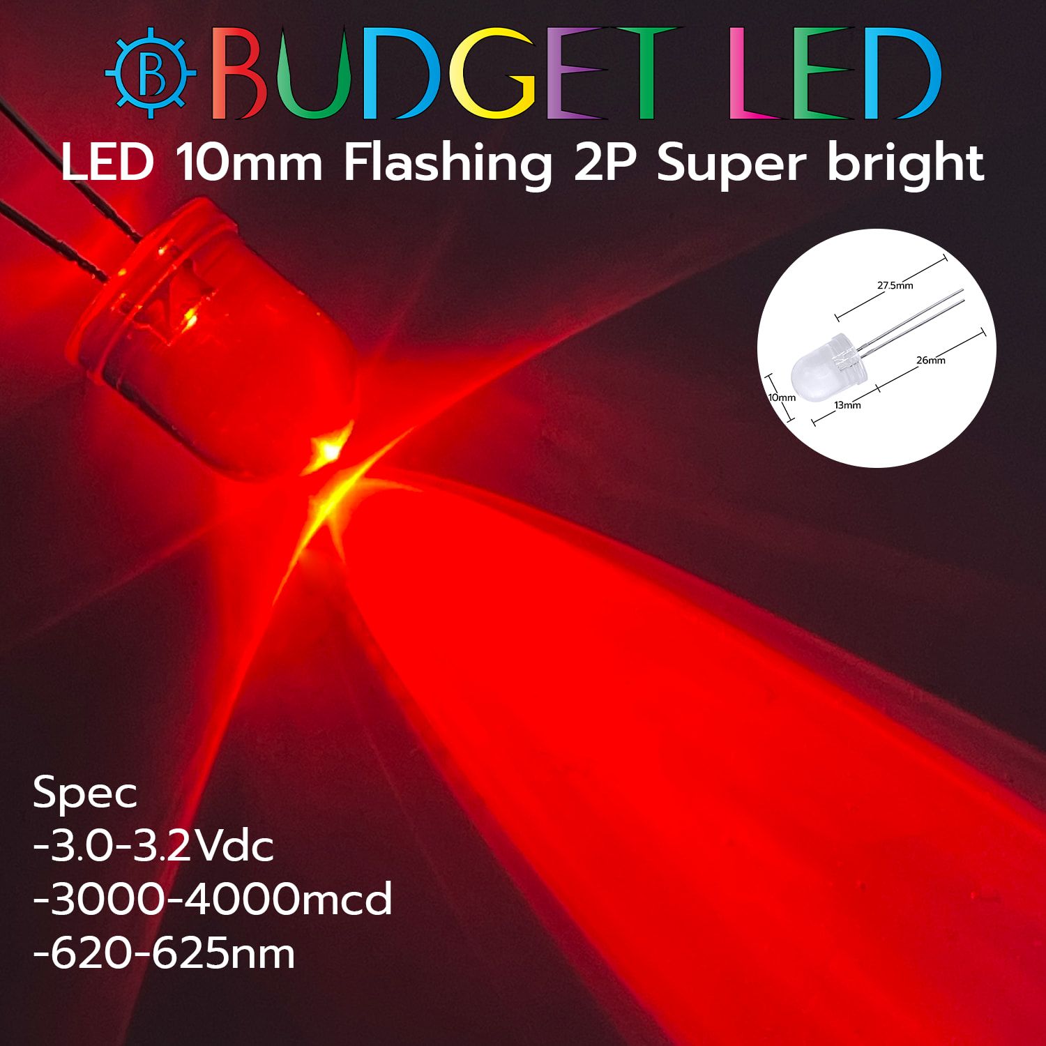 LED 10mm Flashing 2P S/P Red Color
