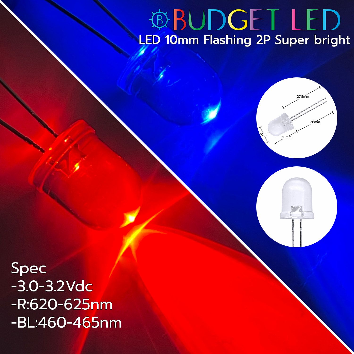 LED 10mm Flash 2P S/P Red/Blue Color