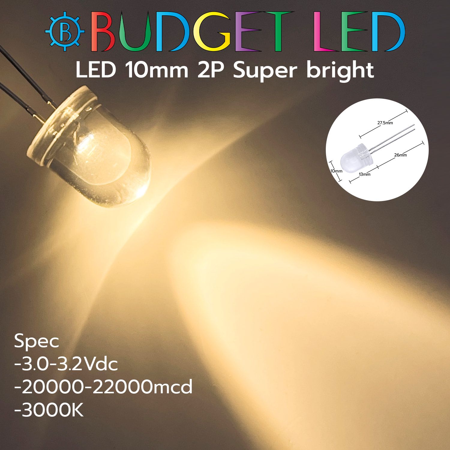 LED 10mm 2P S/P Warm White Color