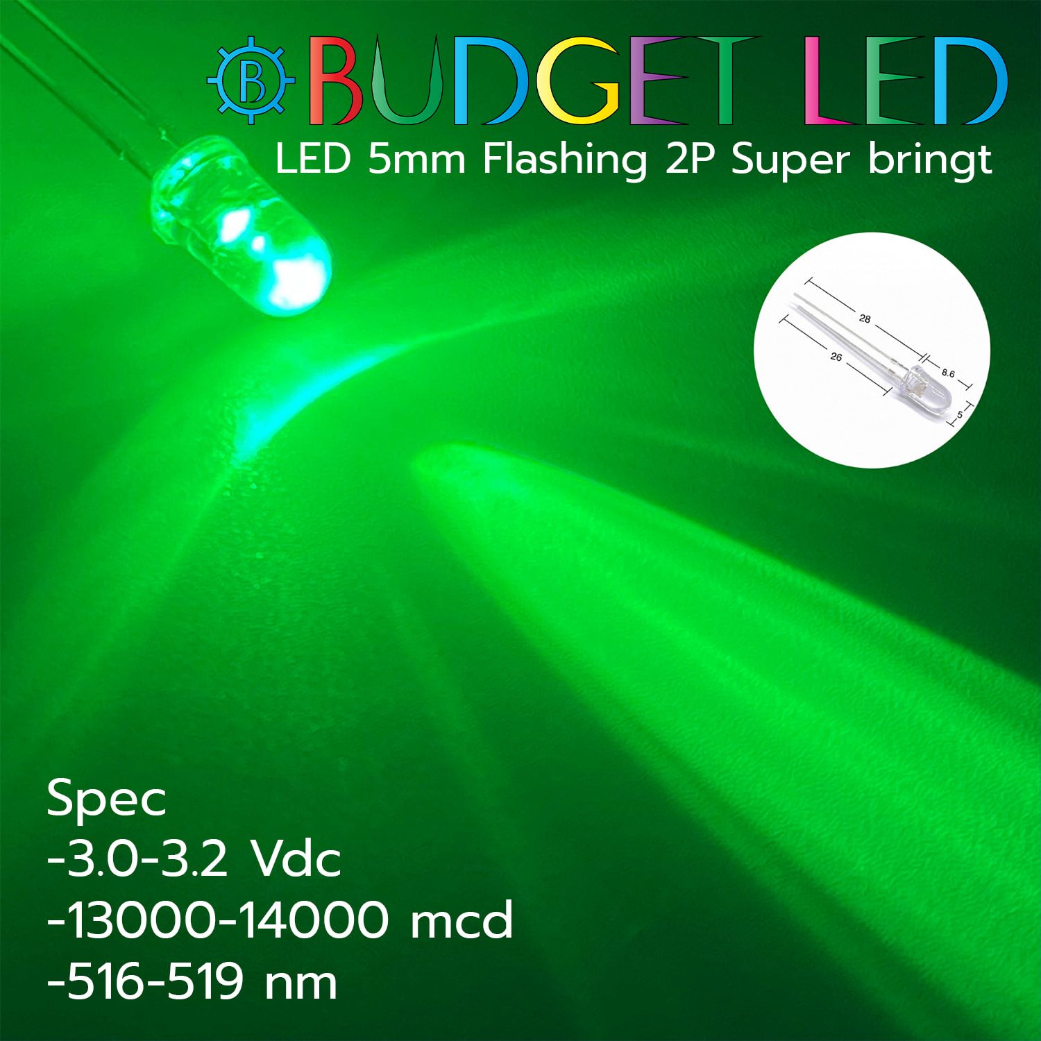 LED 5mm Flashing 2P S/P Green Color