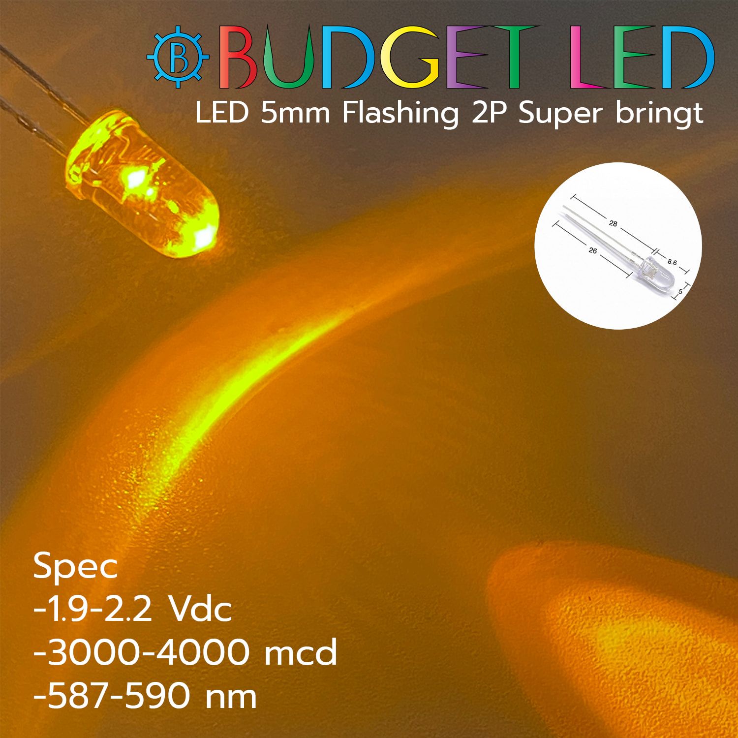 LED 5mm Flashing 2P S/P Yellow Color