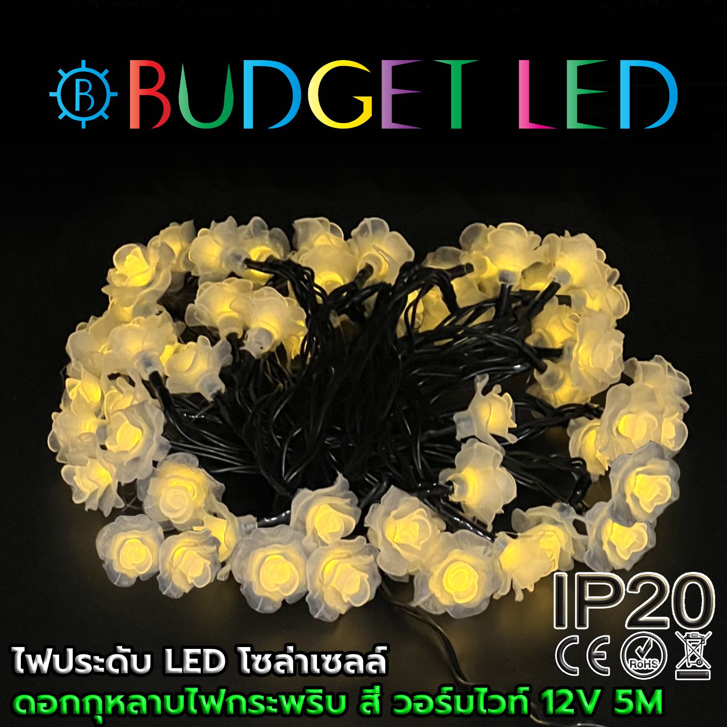 กุหลาบโซล่าเซลล์ 50led 5 เมตร สีวอร์มไวด์