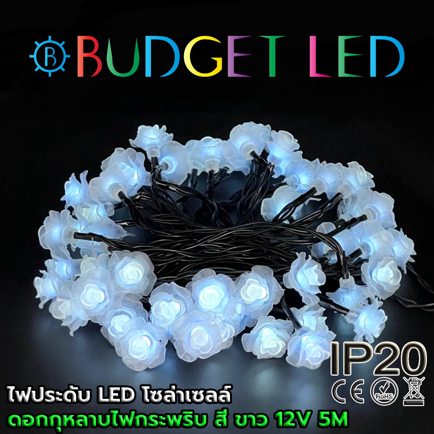 กุหลาบโซล่าเซลล์ 50led 5 เมตร สีขาว