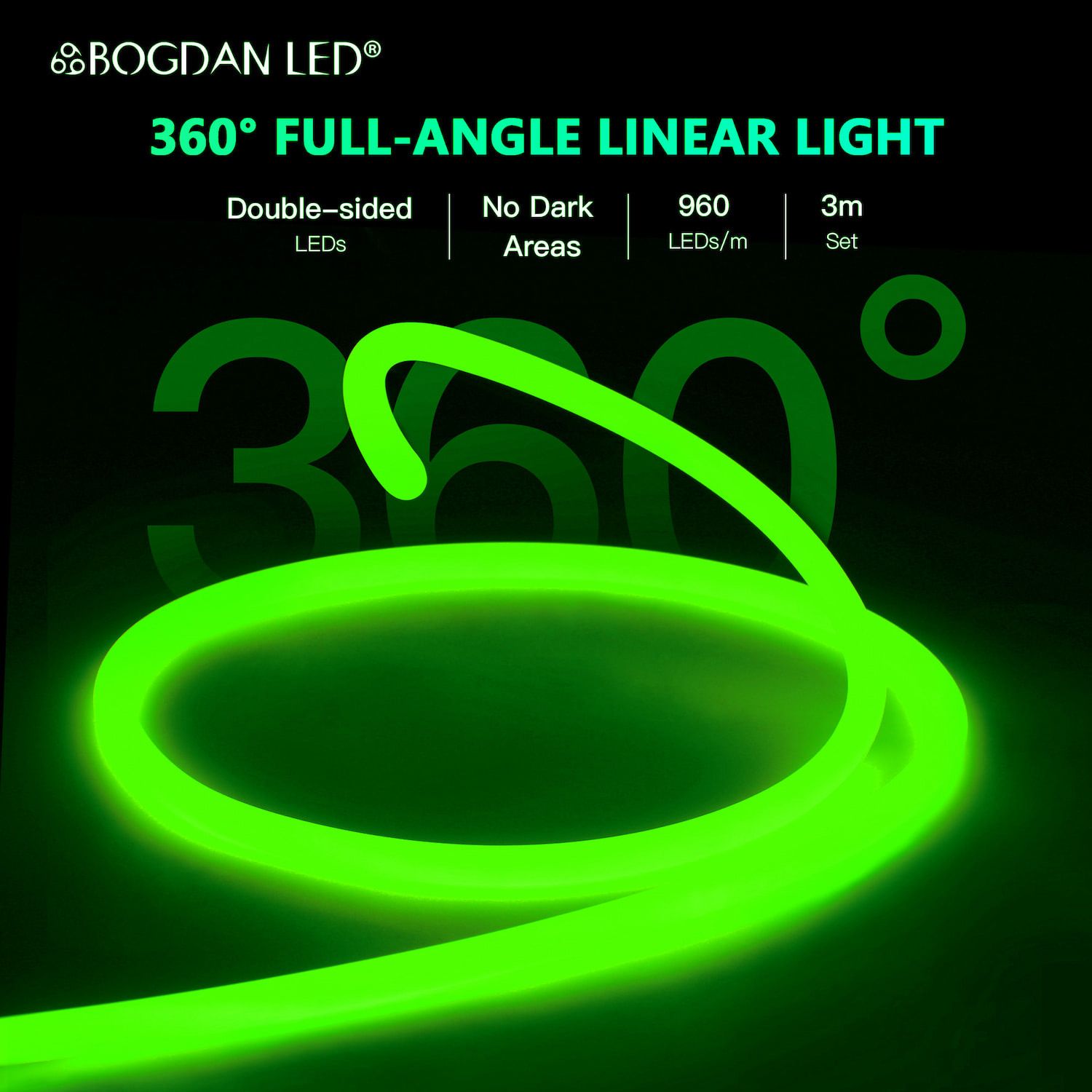 LED NEON FLEX 360° E-AA 03160-COB-GREEN-12V-IP65 10W/M 3M
