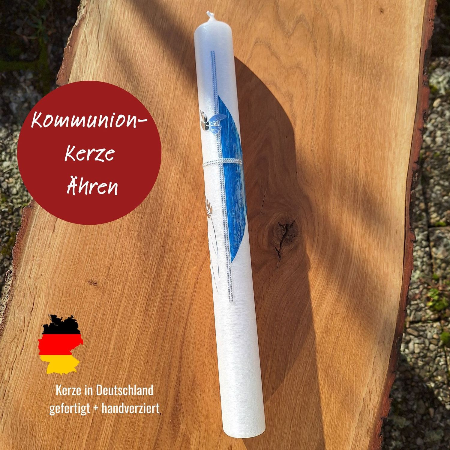 Kommunionkerze blau Ähren