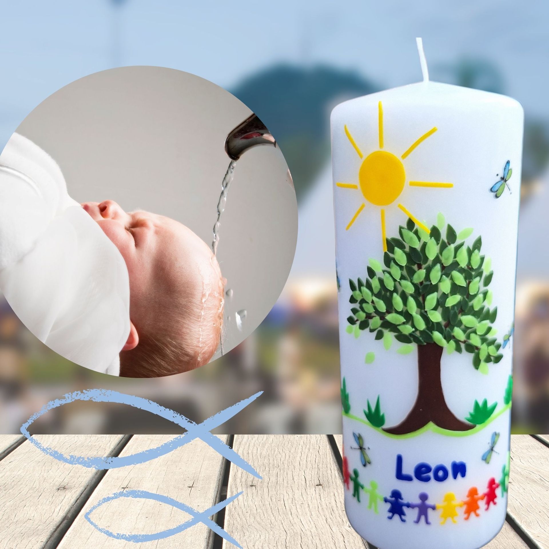 Taufkerze Lebensbaum mit bunten Kindern