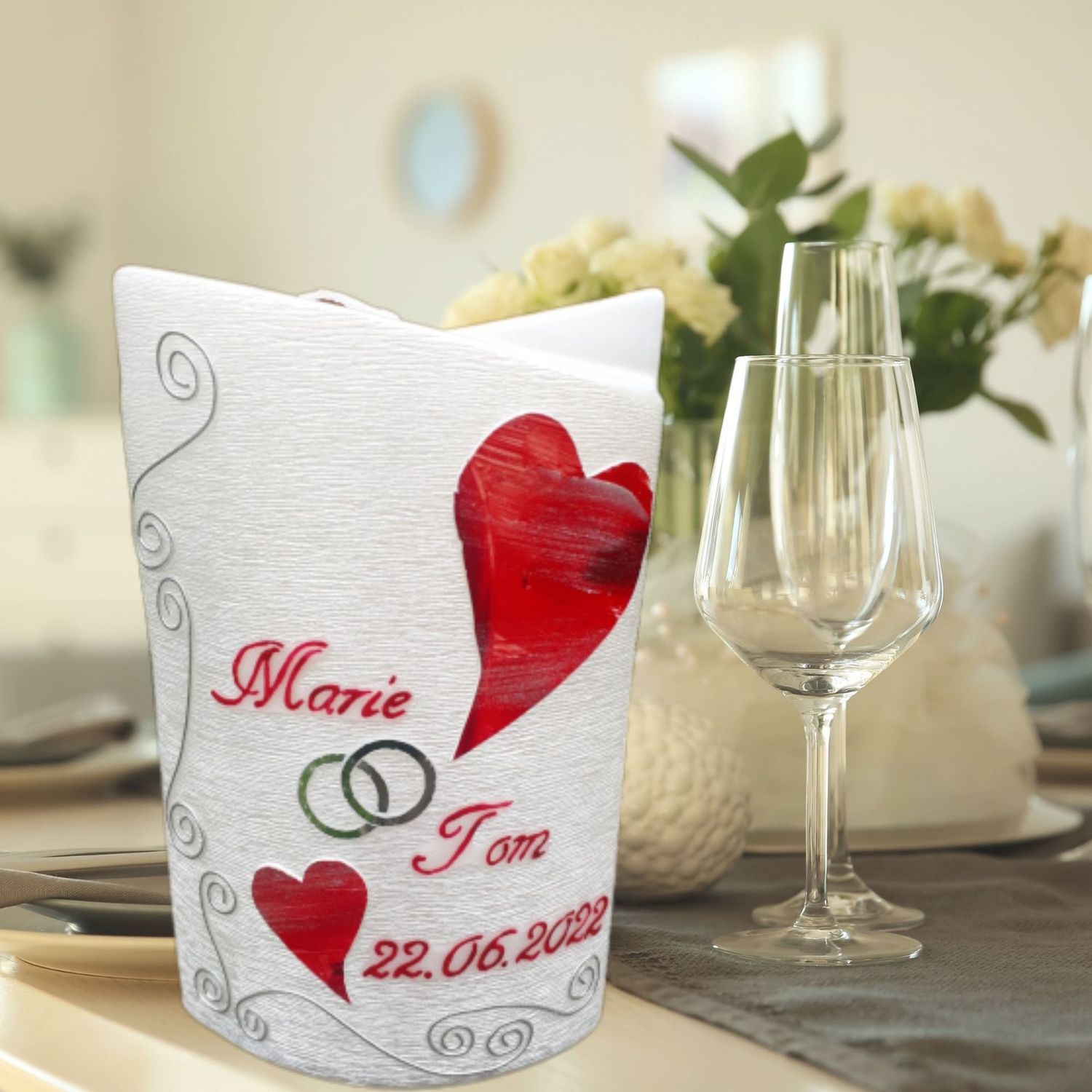 Hochzeitskerze rote Herzen perlmutt mit Struktur
