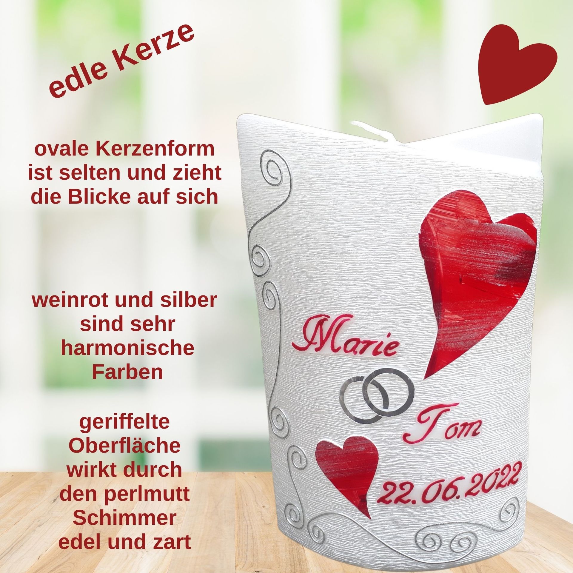 Hochzeitskerze rote Herzen perlmutt mit Struktur